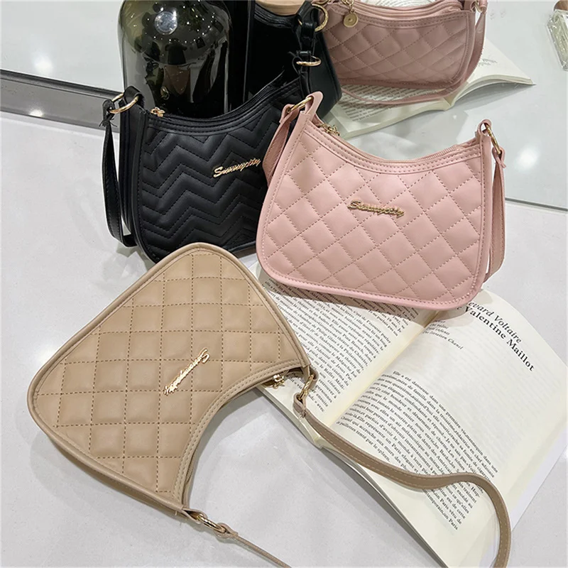 Women PU Leather Shoulder Bag Fashion Rhombic Embroidery Solid Color Casual Zipper Handbags