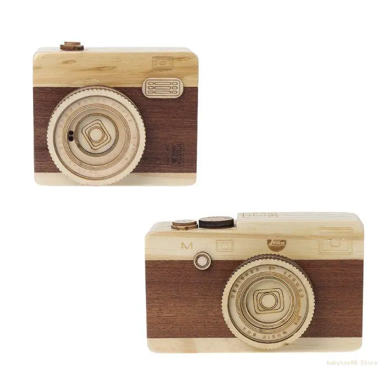 Y4UD Houten Muziekdoos Retro Camera Ontwerp Klassieke Melodie Verjaardag Woondecoratie