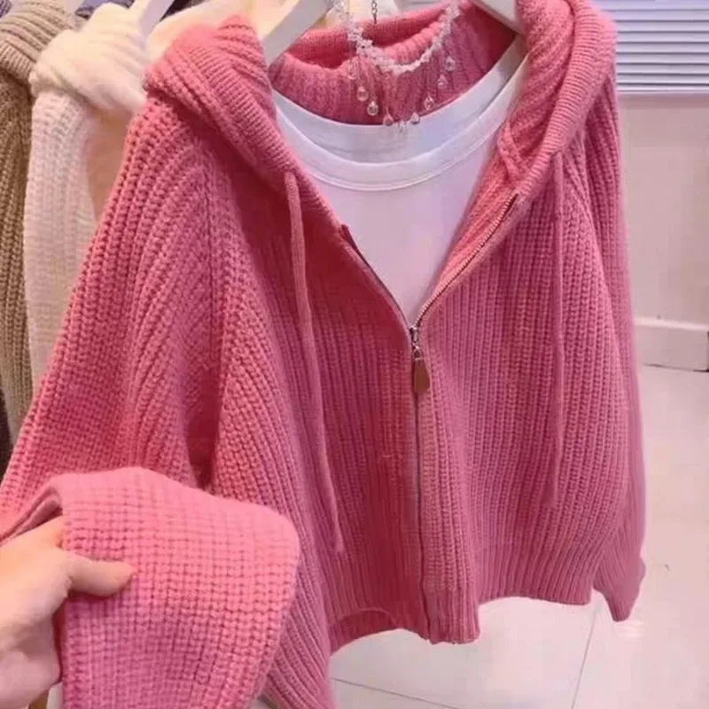 

Вязаный кардиган с капюшоном, женский новый осенний свободный стильный полосатый короткий свитер