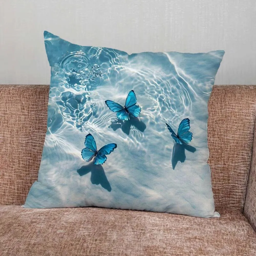 1Pc Blue Butterfly Ocean Wave Pattern Throw Pillow, Double-Sided Printing Design, Soft Plush Cushion with Insert, Perfect Gift