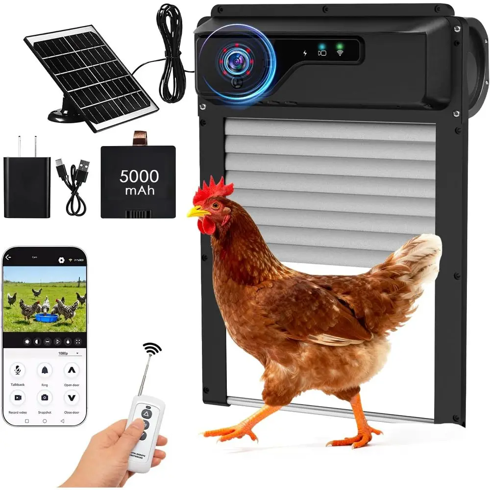 

Chicken Coop Door HD Camera APP, Alarm Driver, Night Vision, Remote Control, Timer, Intercom, Anti-Pinch, 5000mAh Battery