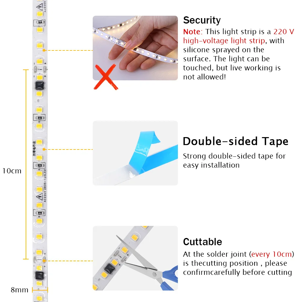 شريط إضاءة LED 220 فولت 230 فولت 5 متر 10 متر 20 متر 50 متر لا يتطلب طاقة شريط لاصق مرن IP55 مع شريحة IC 2835 120 المصابيح/م إضاءة منزلية