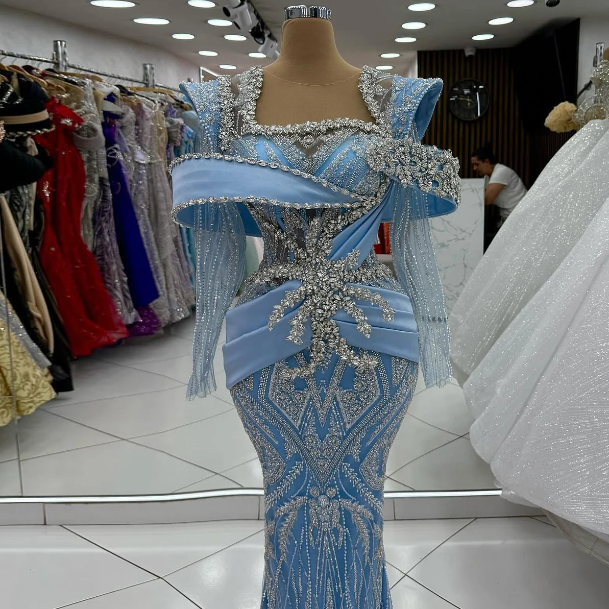 

Customized Square Neck Mermaid Evening Dress Luxury Beading Crystals Long Sleeve Wedding Second Reception Dress With 3D Design