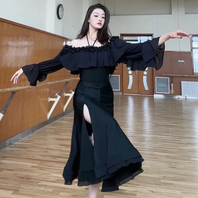 Ballroom Dance Dress Women Black Ruffled Off Shoulder Tops Split Skirt Long Sleeves Practice Clothes Waltz Dance Costume BL11979