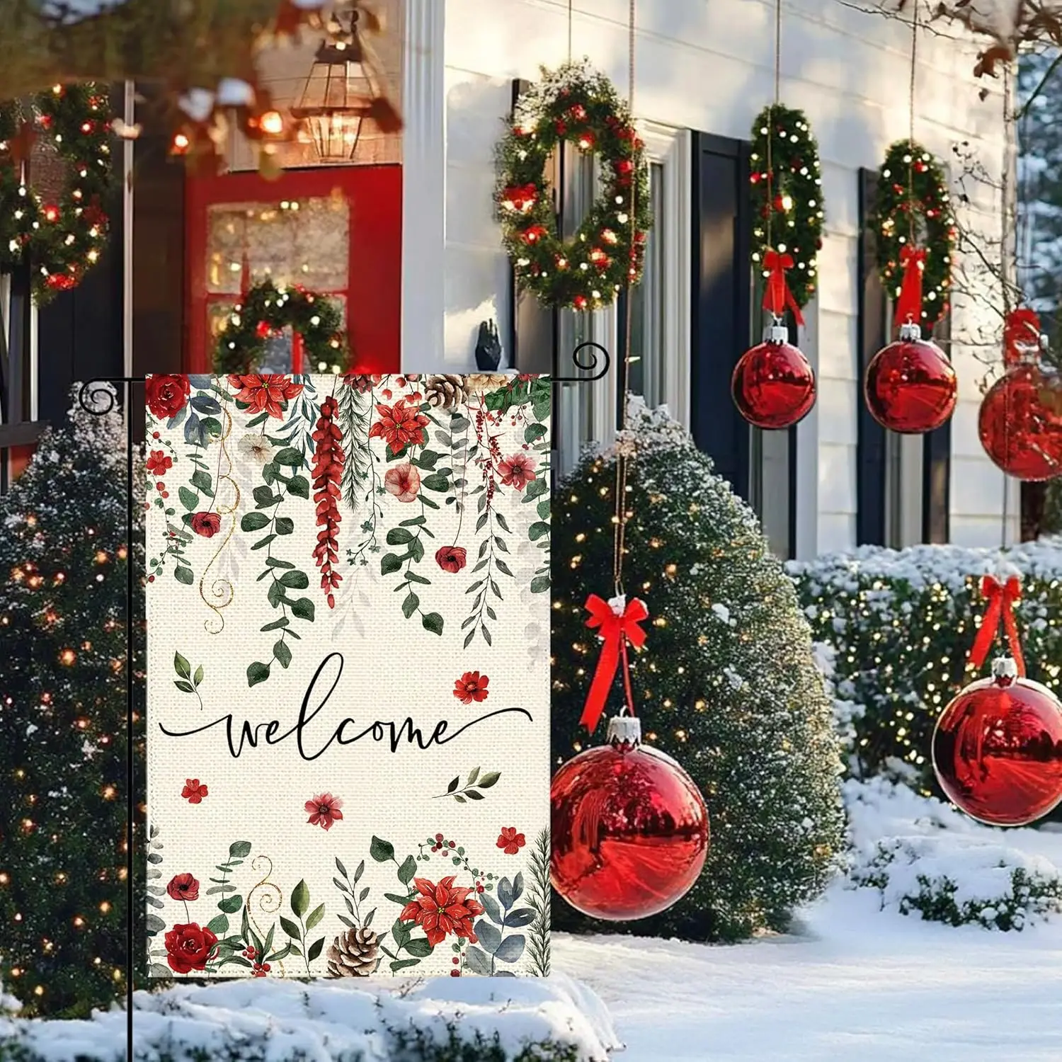 Tikeciti Christmas Red Poinsettia Welcome Garden Flag 12x18 Inch Double Sided, Xmas Berry Burlap Small Yard Flag Winter Flor uui