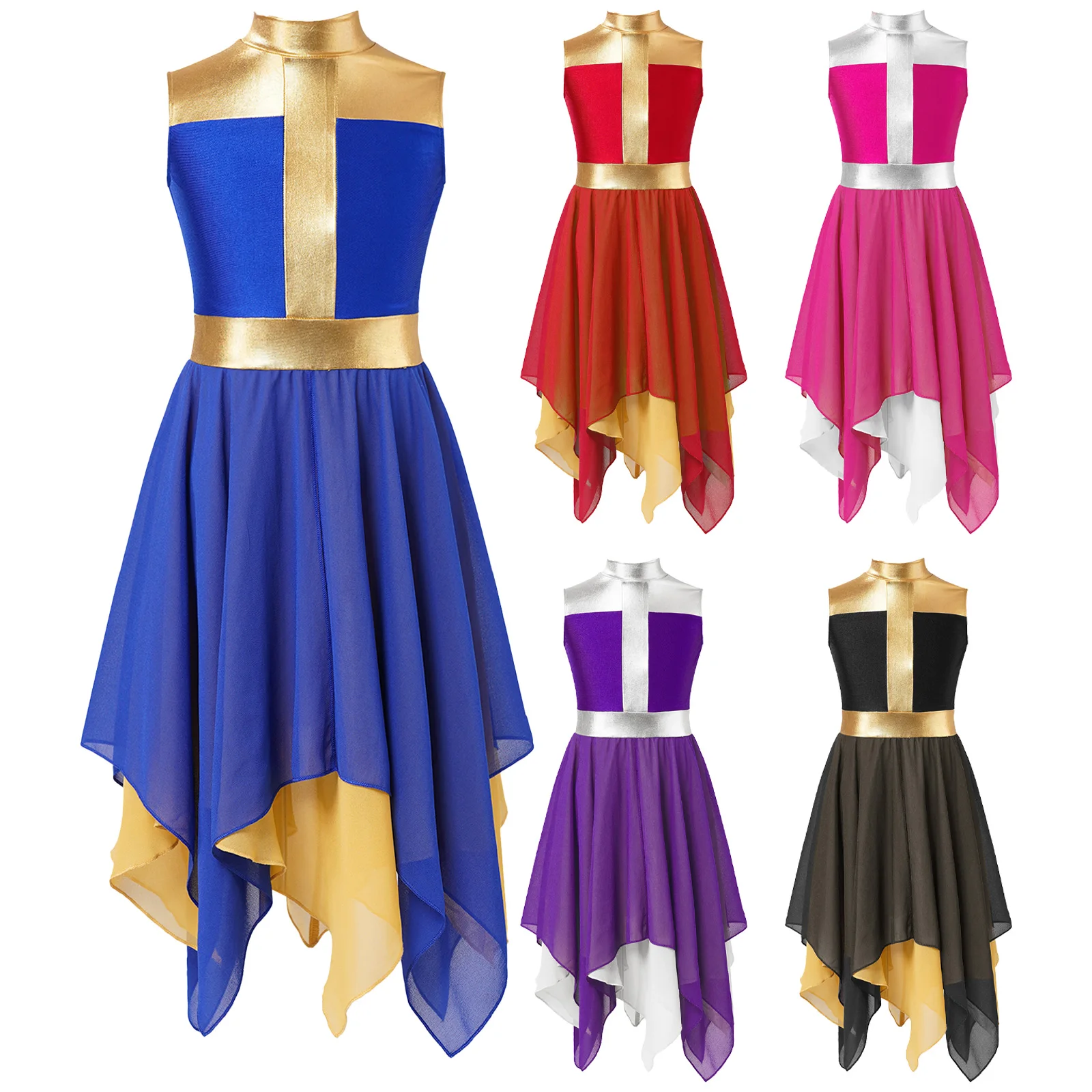 Teen Girls Praise Lyrical Dance Dress Sleeveless Asymmetrical Chiffon Hem Dancewear Church Choir Worship Liturgical Costume