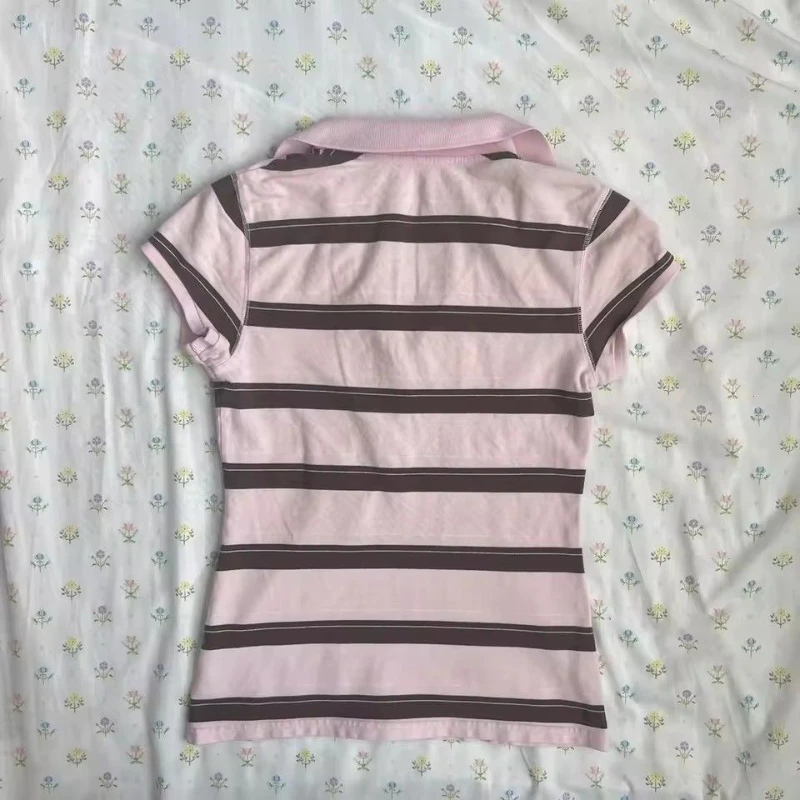 Striped Polo Collar Sweet Slim Shirt Women Short Sleeves Casual Harajuku Crop Top Japanese Style New Vintage Y2K Clothing 2025