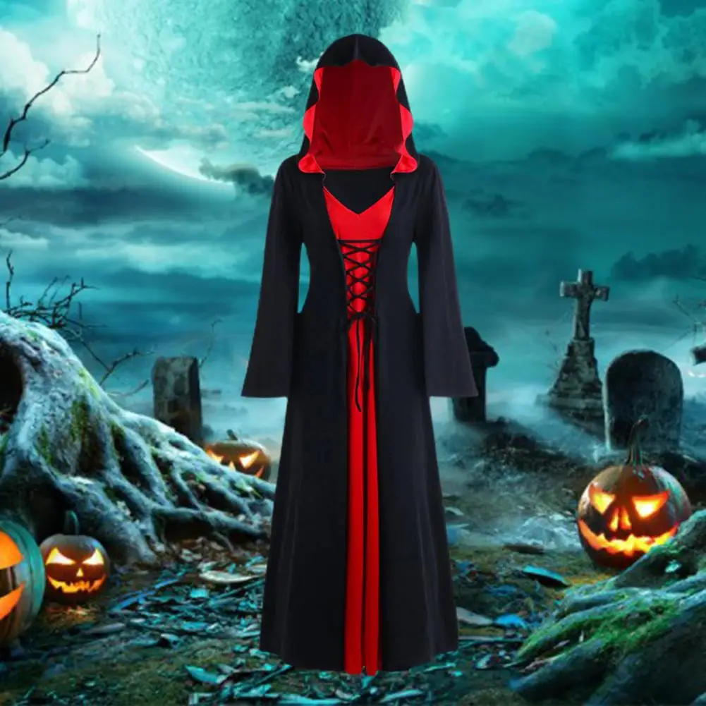 Fato de bruxa de Halloween feminino com capuz com cordões, mangas compridas com chifre, vestido cosplay, estilo escuro