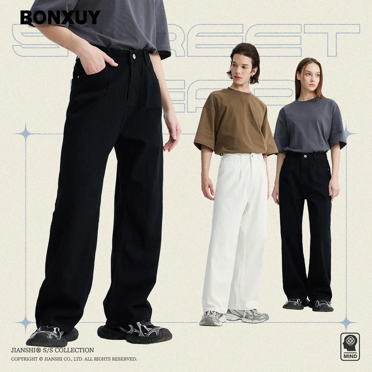 

BONXUY Korean style simple basic solid color black and white straight casual baggy denim trousers versatile for men and women