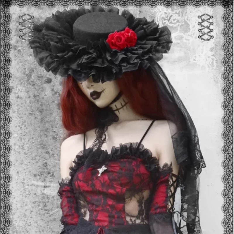 Gothic Darkness Vampire Black Red Rose Flower Lace Fedoras Hats for Women Halloween Lolita Cosplay Party High Quality Caps Gorro