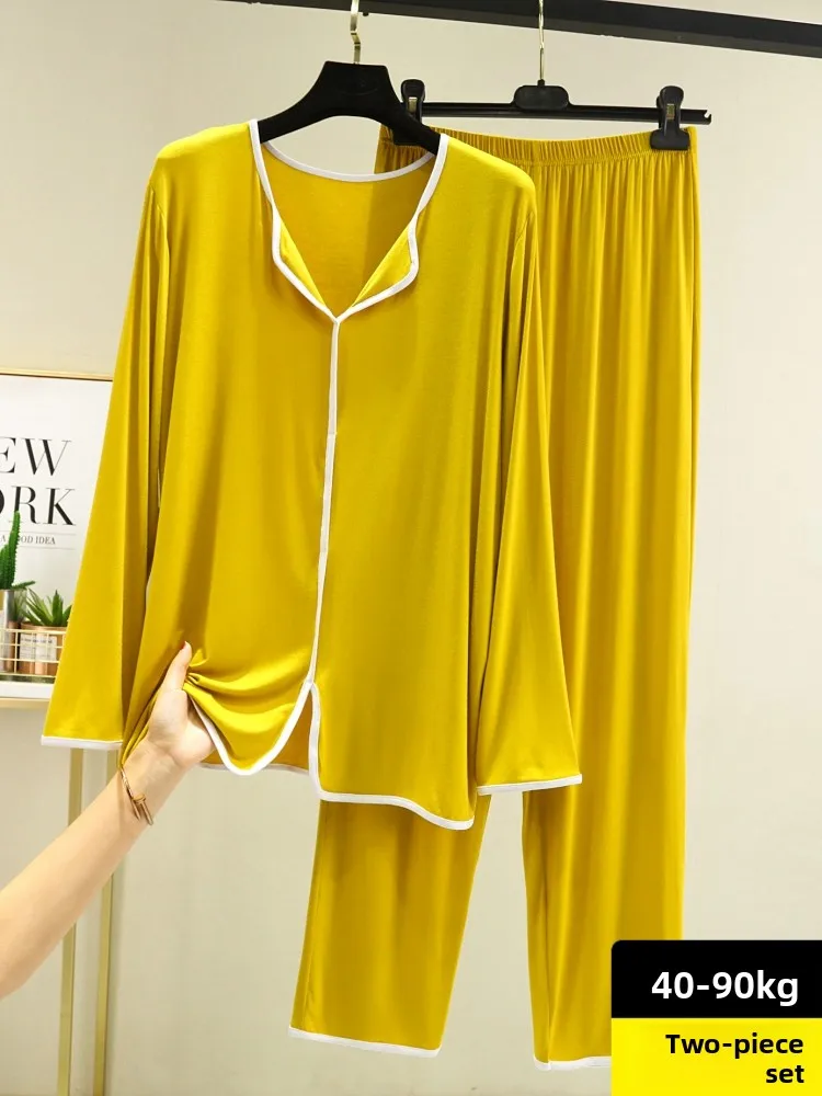 Thin Modal Long Sleeve Long Pants Home Clothes Set for Women V-Neck Pullover Lazy Style Sleepwear Two-Piece Set Autumn Winter