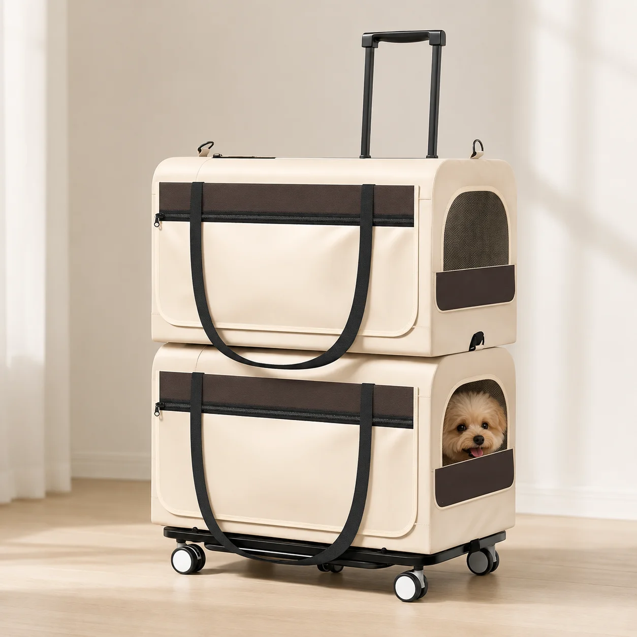 Foldable Waterproof Pet Trolley Stroller Bag with Detachable Carrier Aluminum Alloy Frame 4-Wheel Wheels 10kg Load OEM