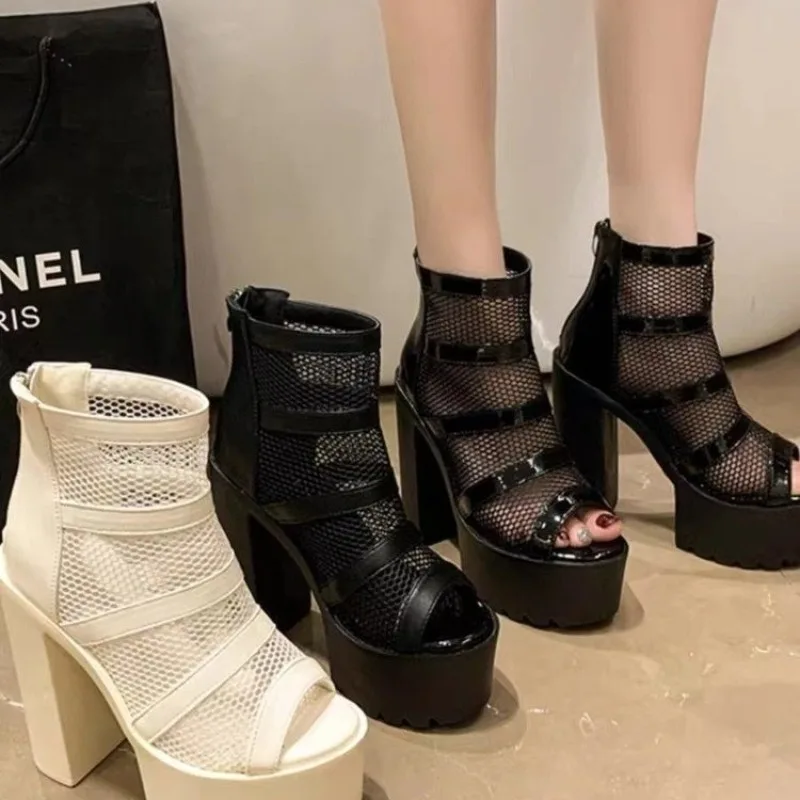 

High Heels Gladiator Women Sandals Peep Toe Sexy Black Mesh Square Heel Platform Shoes 2024 Summer Womens Luxury Thick Sandals