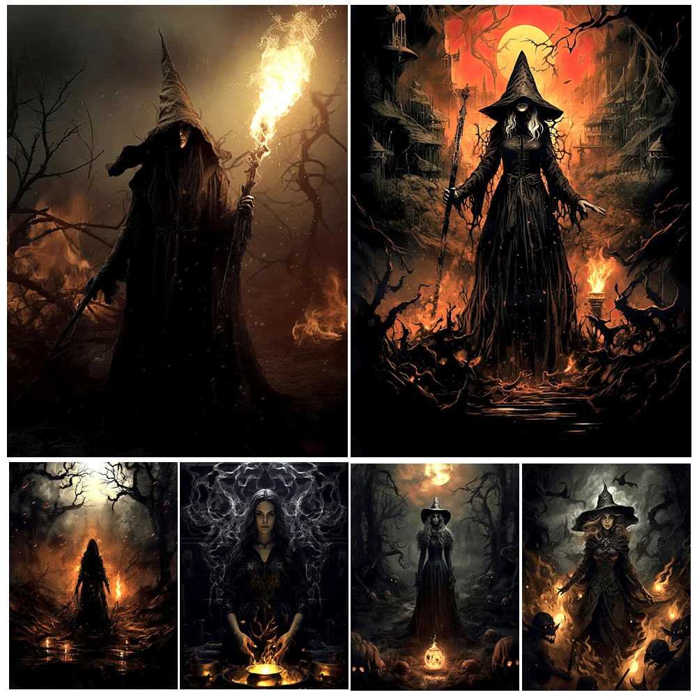 

Fire Witch In Dark Forest Vintage Wall Art Canvas Painting Wizard With Pointy Hat Abstract Art Poster And Print Home Decoration
