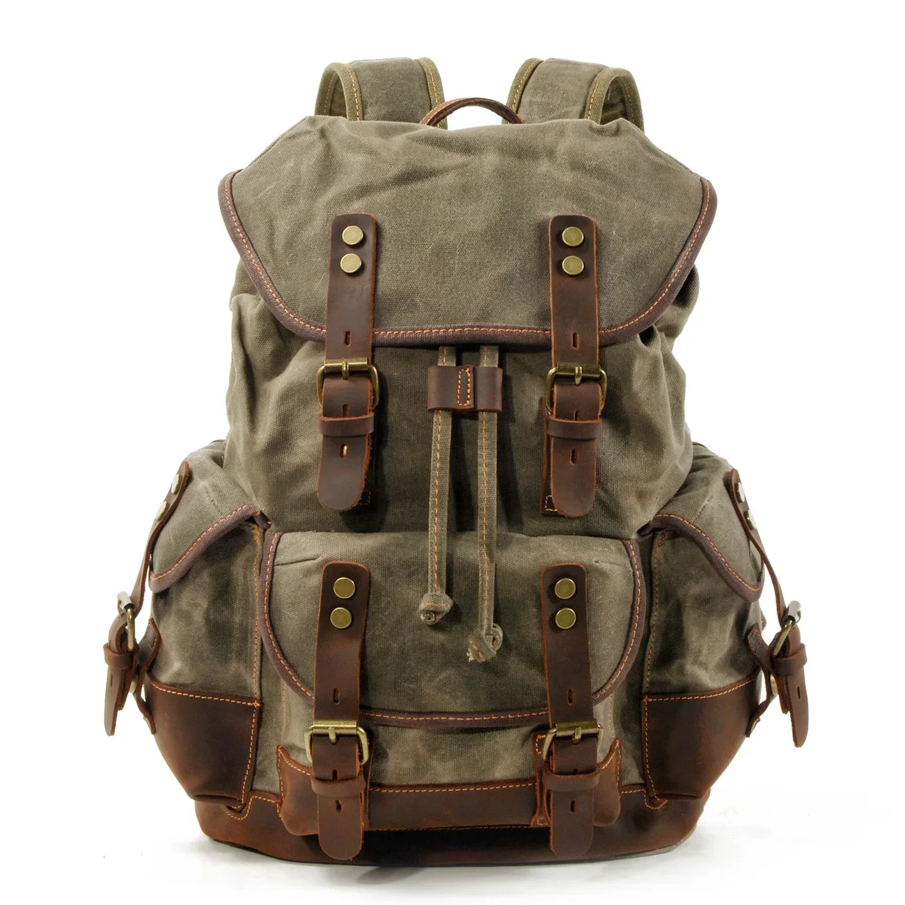 Waxed Canvas Leather Rucksack Backpack Vintage Waterproof Bookbag for Men Outdoor Hiking Travel Bag