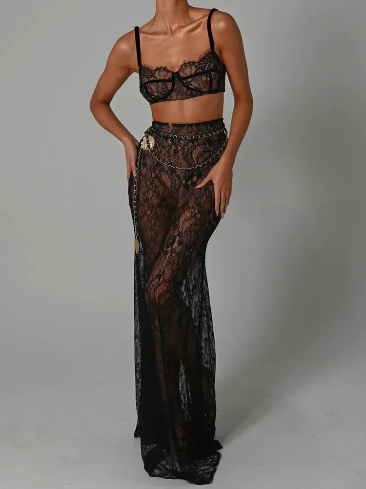 

See Through Lace Two Piece Skirt Sets Women Crop Top And Maxi Skirt Sets Elegant Party Beach Sexy Two Piece Set