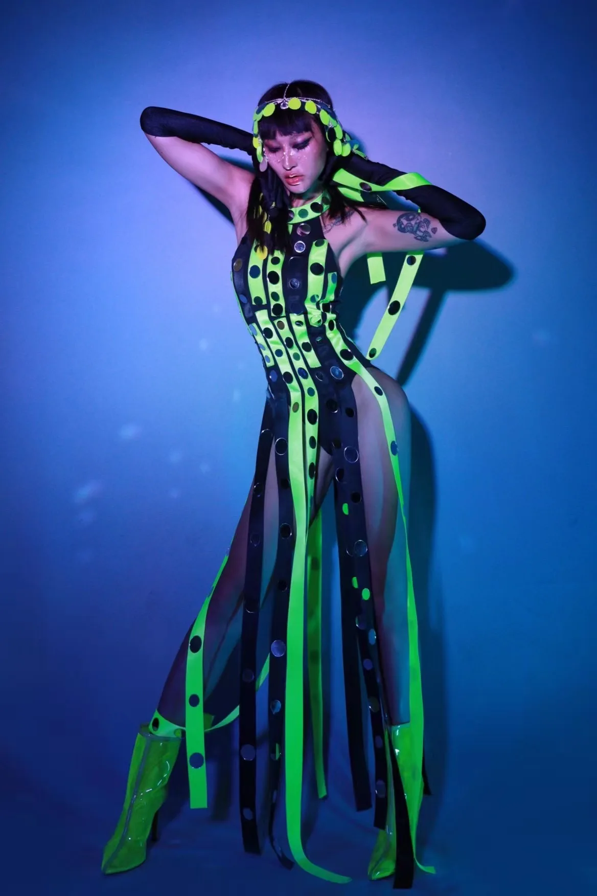 AK زي الفلورسنت الأخضر شرابة بذلة المغني راقصة أداء المرحلة زي الجاز جوجو ملابس الرقص حفلة الهذيان الزي