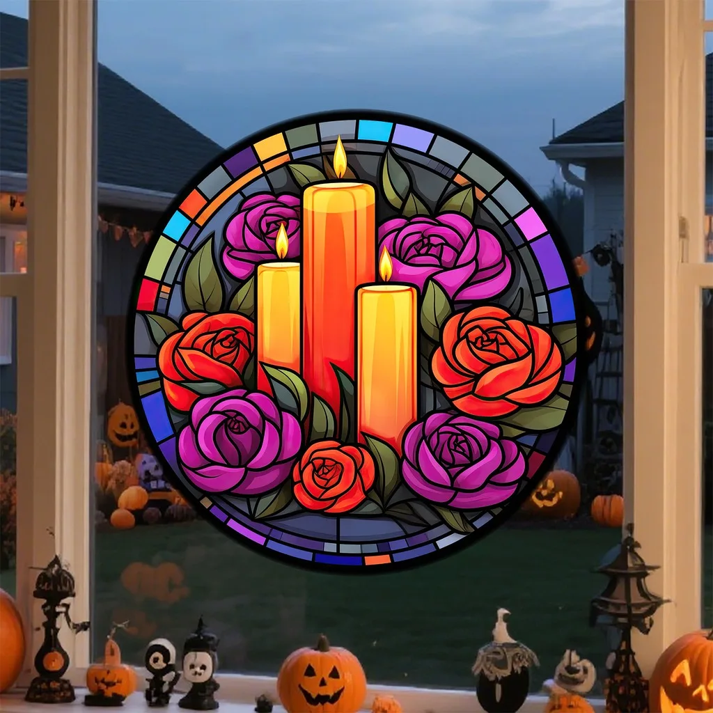 30cm/40cm Halloween Window Sticker Round Sugar Skull Stained Glass Decal Static Cling Reusable Glass Decor Party Supplies