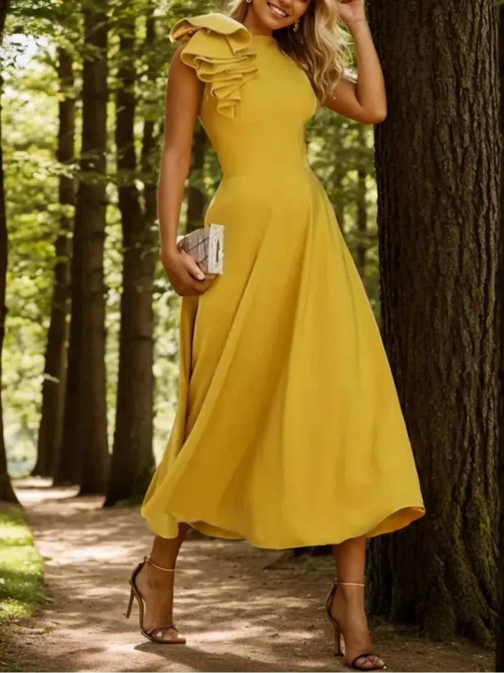 

Elegant A-Line Evening Dress Sleeveless Pleated Stretch Crepe Jewel Neckline Tea-Length Wedding Guest Dress 2025 Free Customized