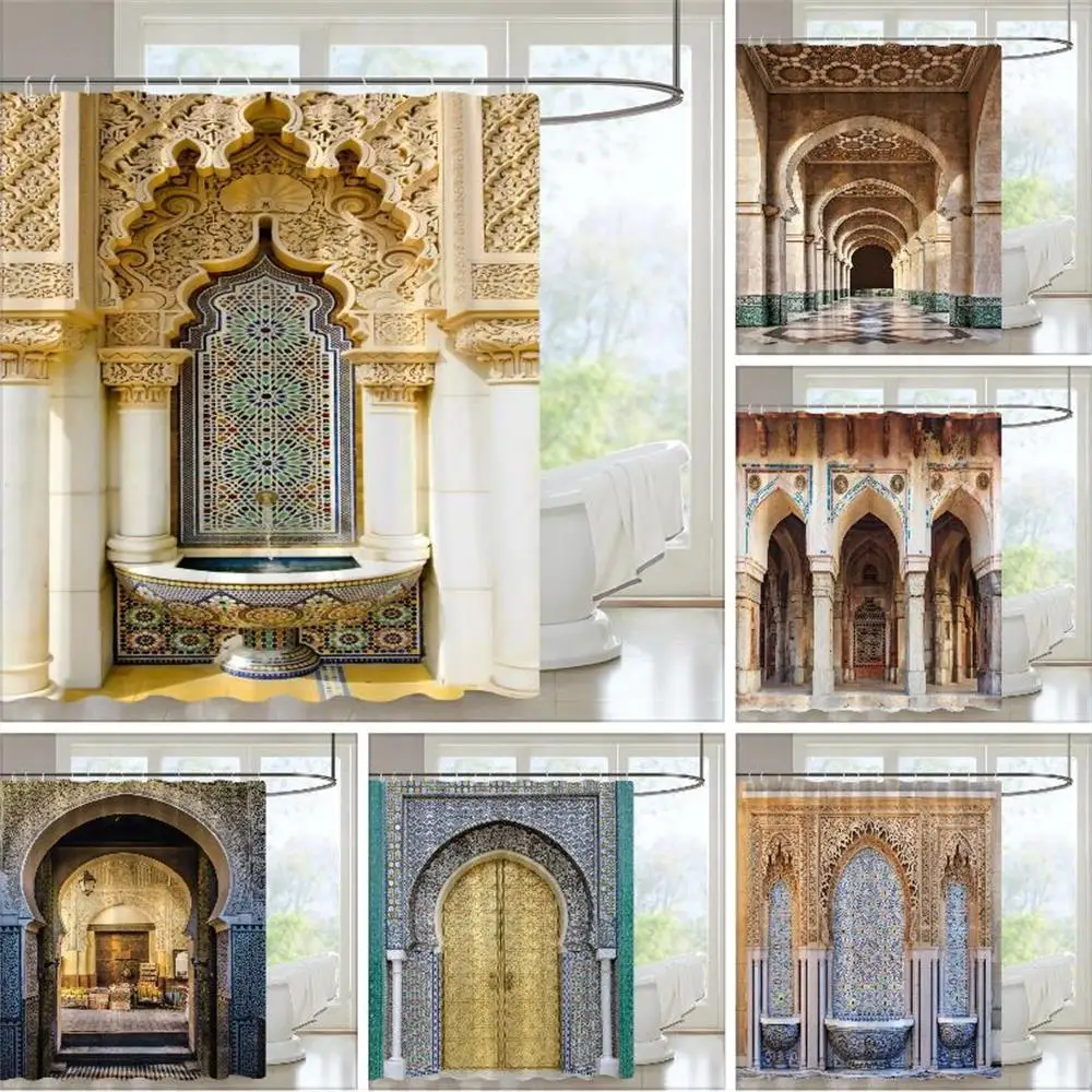 Morocco Vintage Architecture Arch Shower Curtain Polyester Fabric Washable Bathroom Curtain With Hooks Home Art Decoration