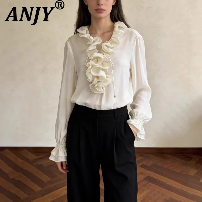 

ANJY Новая женская блузка с рюшами и длинными рукавами, однотонная, элегантная, модная, свободного кроя, во французском стиле, весна-осень A22280