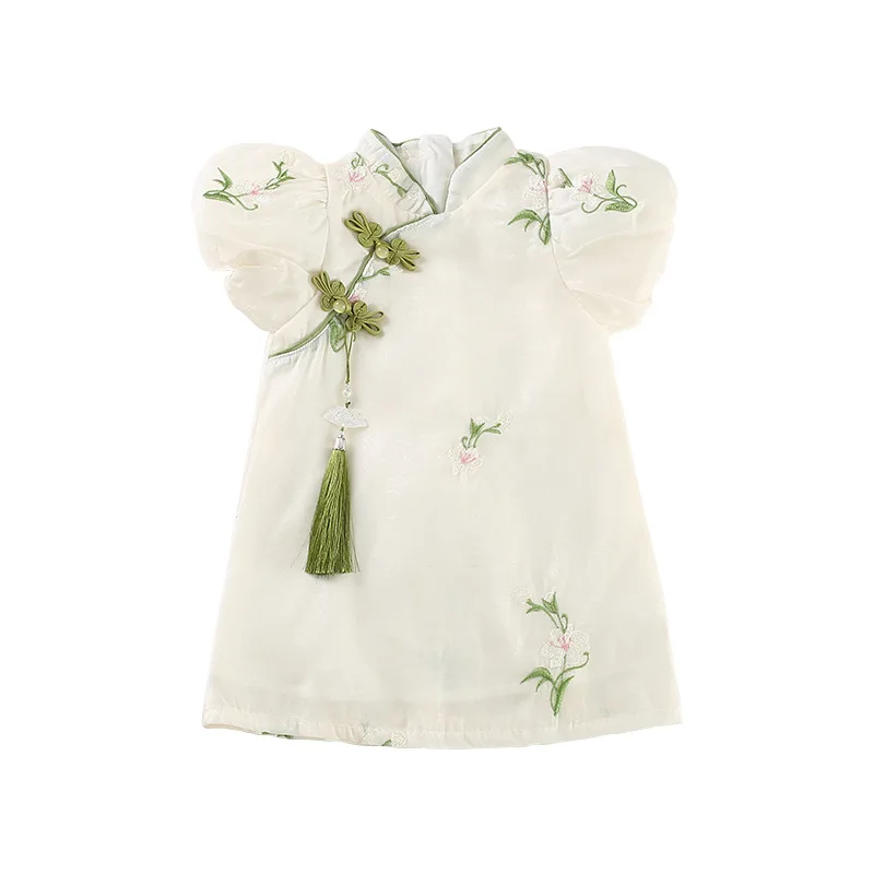 

MINISO Summer Baby Girls Chinese Style Cheongsam Sleeveless Cotton Floral Fringed Princess Skirt Dress 0-1 Years Casual Dresses