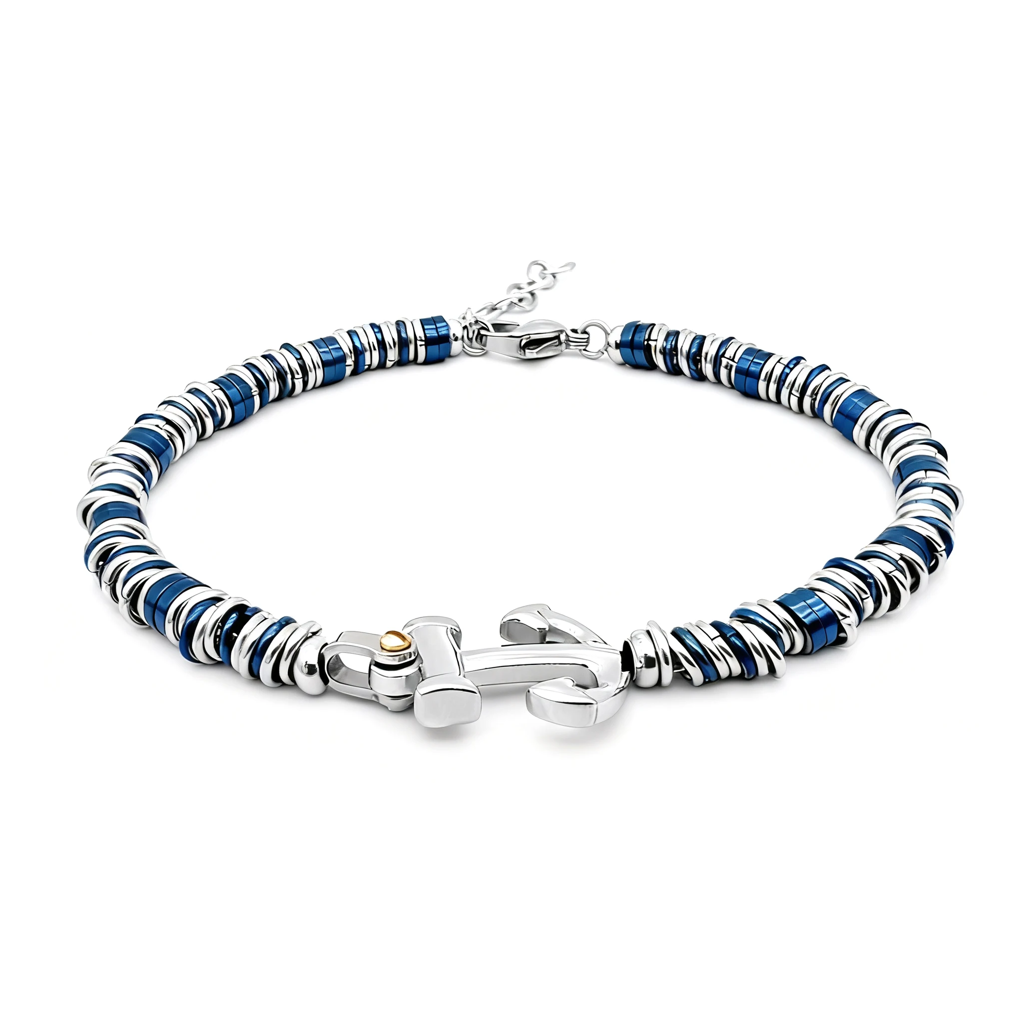 Runda Men's Blue Circle Chain Bracelet with Nautical Anchor Stainless Steel Adjustable 22cm Handmade Ring Accessory for Men