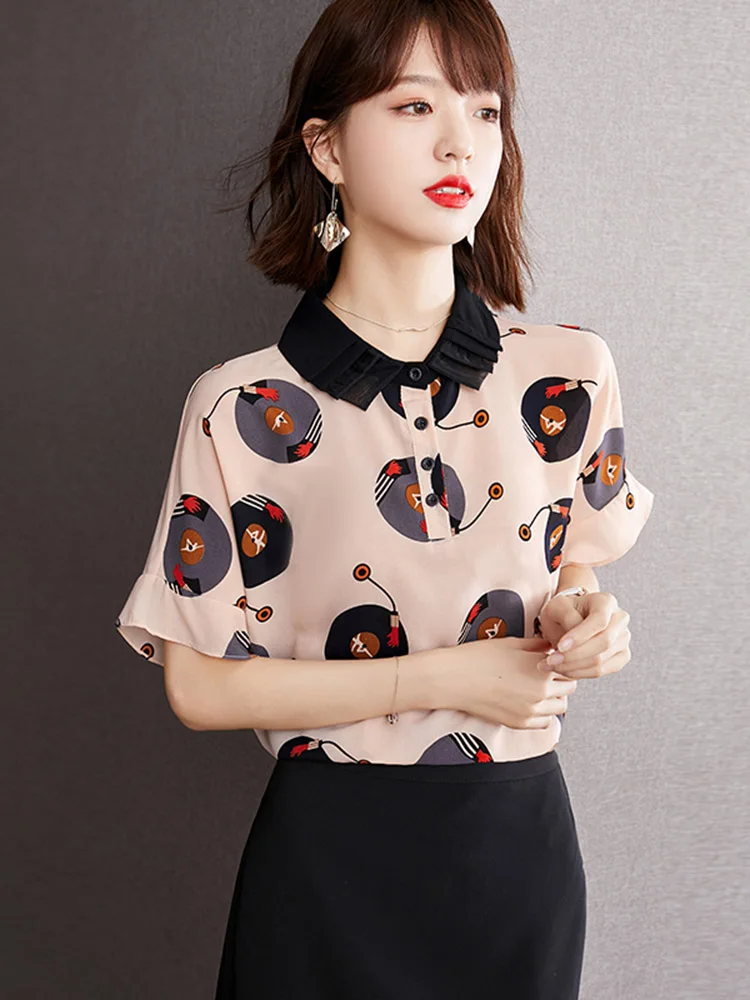 

Women Casual Tops Summer New Retro Printing Short Sleeve T-shirt Shirt Lady Temperament Loose Chiffon Blouses