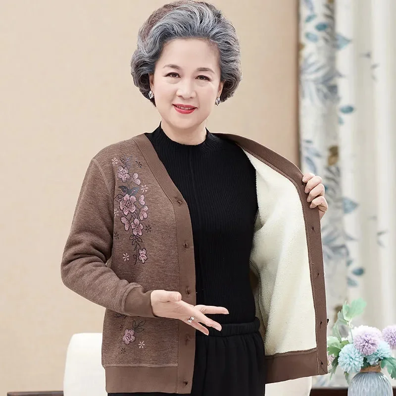 Add Fleece Thick Warm Women\'s Jacket Tops Middle-Aged Elderly Mother Autumn Winter Coat Single-Breasted Cardigan Outerwear 2022