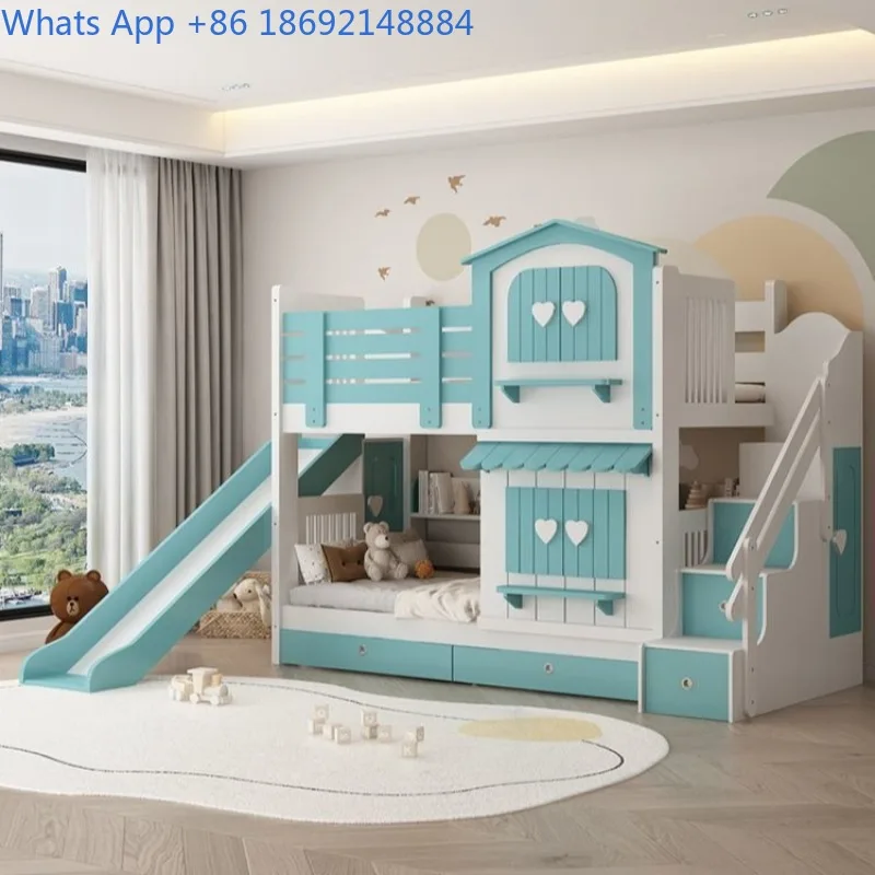 Girls' Double Layer Bed Pink Princess Style Castle Bed with Slide Multi-Functional Bunk Bed