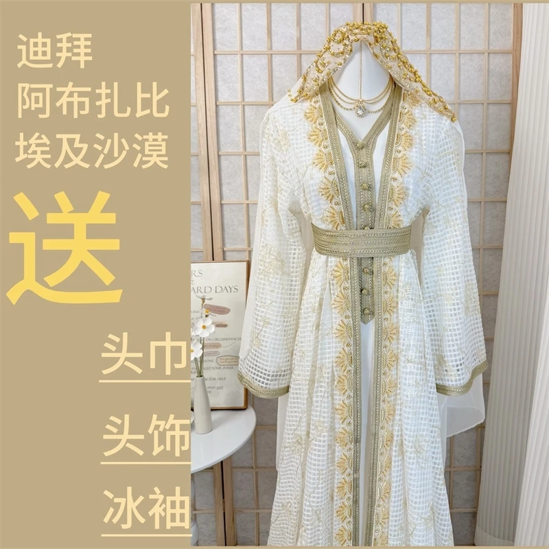 

Dubai Travel Abaya Egyptian Desert Photo Two-Piece Set Robe Embroidery Beaded Lace Long Dress For Women