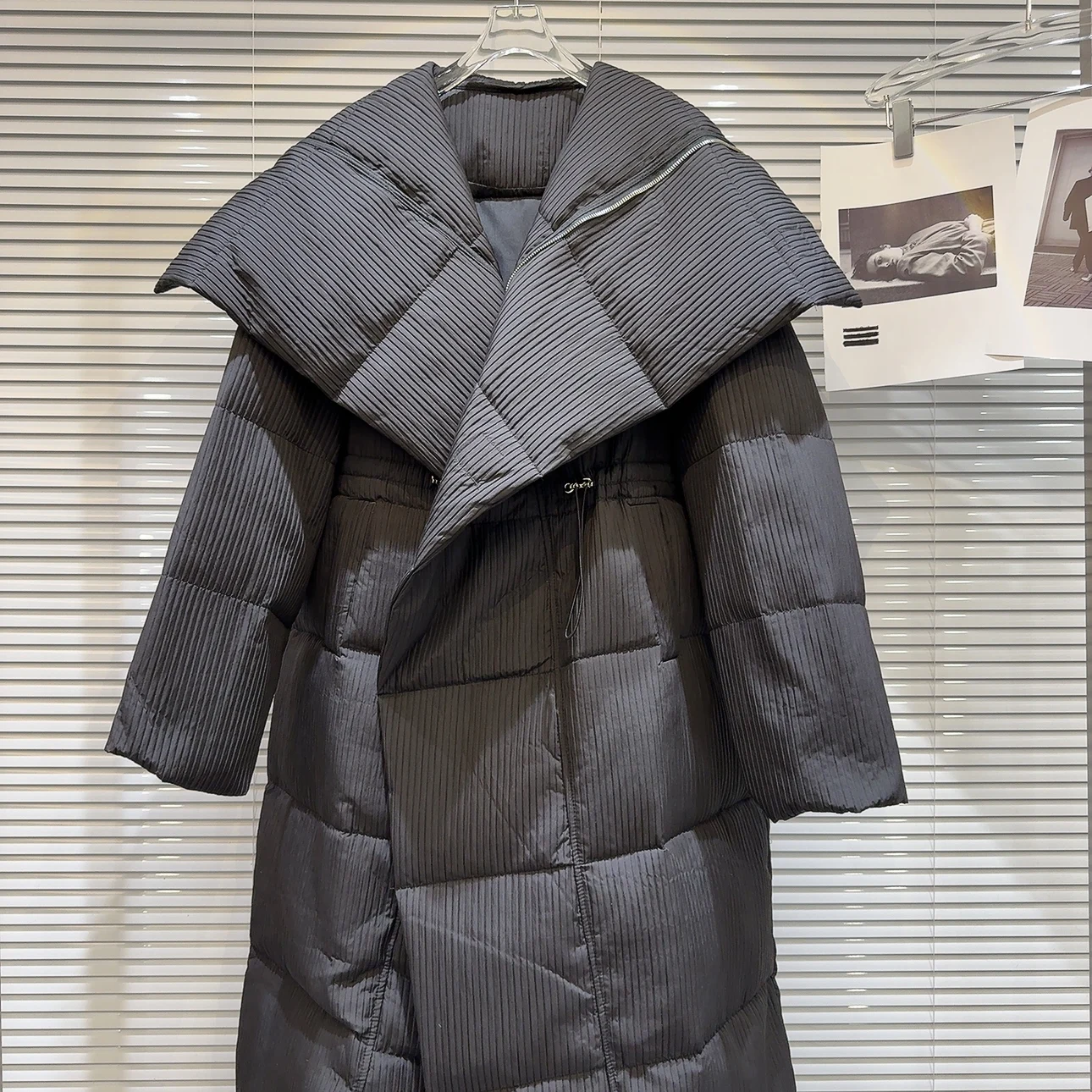 Trendy Winter Long Warm Du down Jaet Tessuto a righe Colletto grande Dstring Capispalla Cappotto Pendolarismo Sle Cappuccio non rimovibile