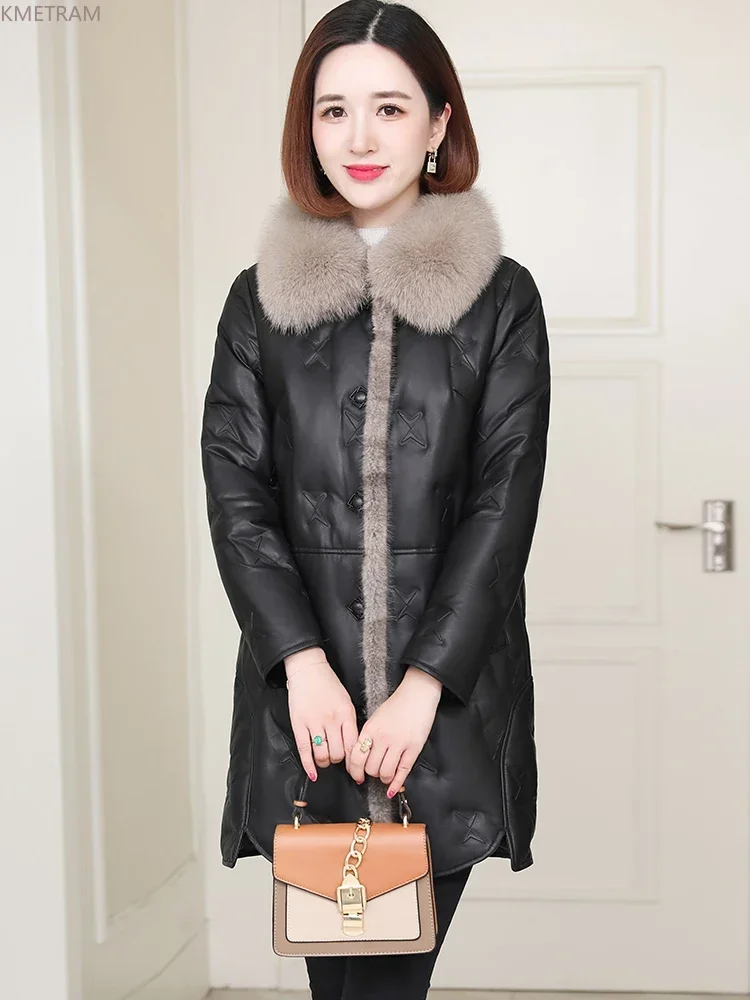 M-8XL Genuine Leather Jacket Women Winter Sheepskin Leather Down Jackets for Women 2024 Mid-length Down Coats Fox Fur Collar SGG