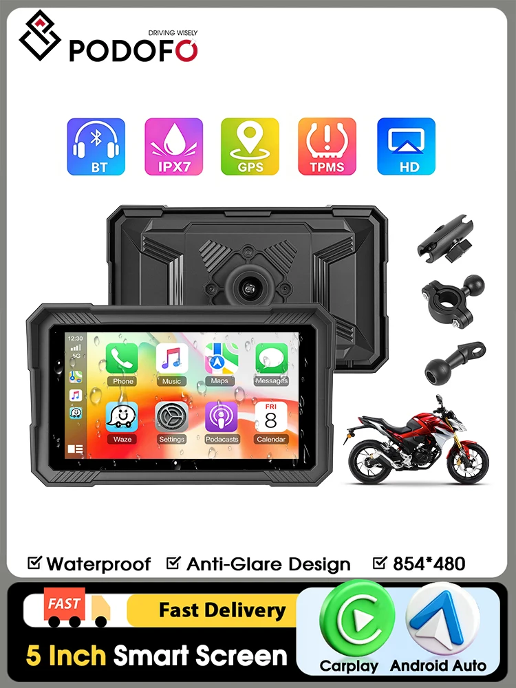    Podofo 5/7 Zoll Bildschirm, kabelloses Carplay, Motorrad-GPS-Navigation, Smart Player, unterstützt Android Auto, Reifendrucküberwachung, IP67 wasserdicht, Rekorder