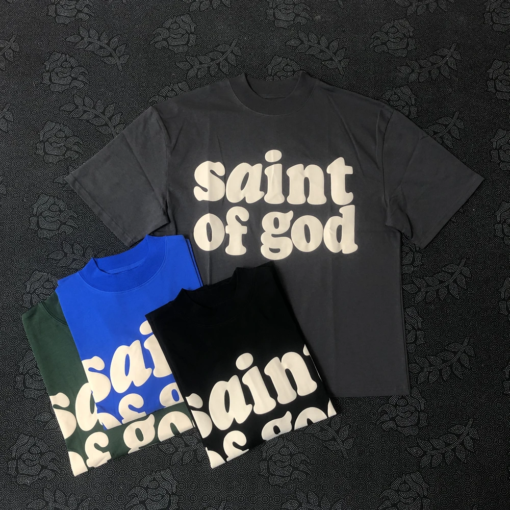 Frog Drift Fashion KANYE Streetwear SAINT OF GOD 100%Cotton Foaming Printing Clothing Loose Oversized Tees Tops T Shirt For Men