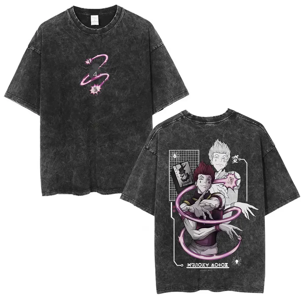New Hunter X Hunter Anime Vintage Washed T-shirt, Killua & Gon Cherry Blossom Graphic Tee, Unisex Oversized T Shirt, Men Women Casual Streetwear Top