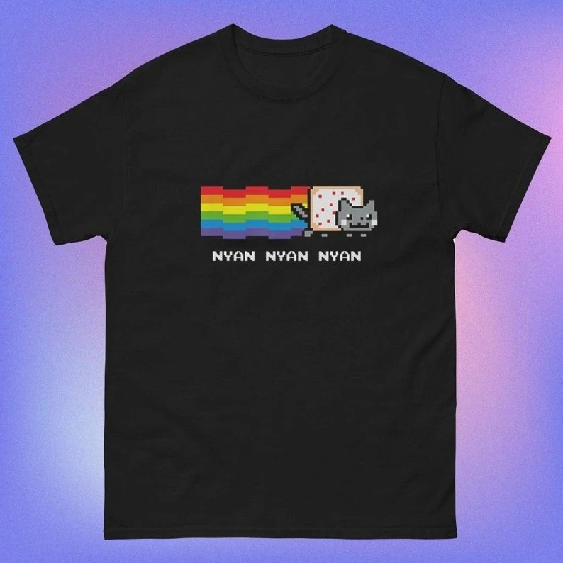 

Милая футболка 2000-х годов Aesthetic Kawaii Anime Nyan Cat Funny Meme Funny Tops Мужчины Женщины Хлопок Pixel Art Gamer Harajuku Ретро футболка