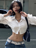 White Blouse Hollow Out Crop Top Y2K Clothes Long Sleeve Top Autumn Spring Solid Turn Down Collar Streetwear Button Up Shirt