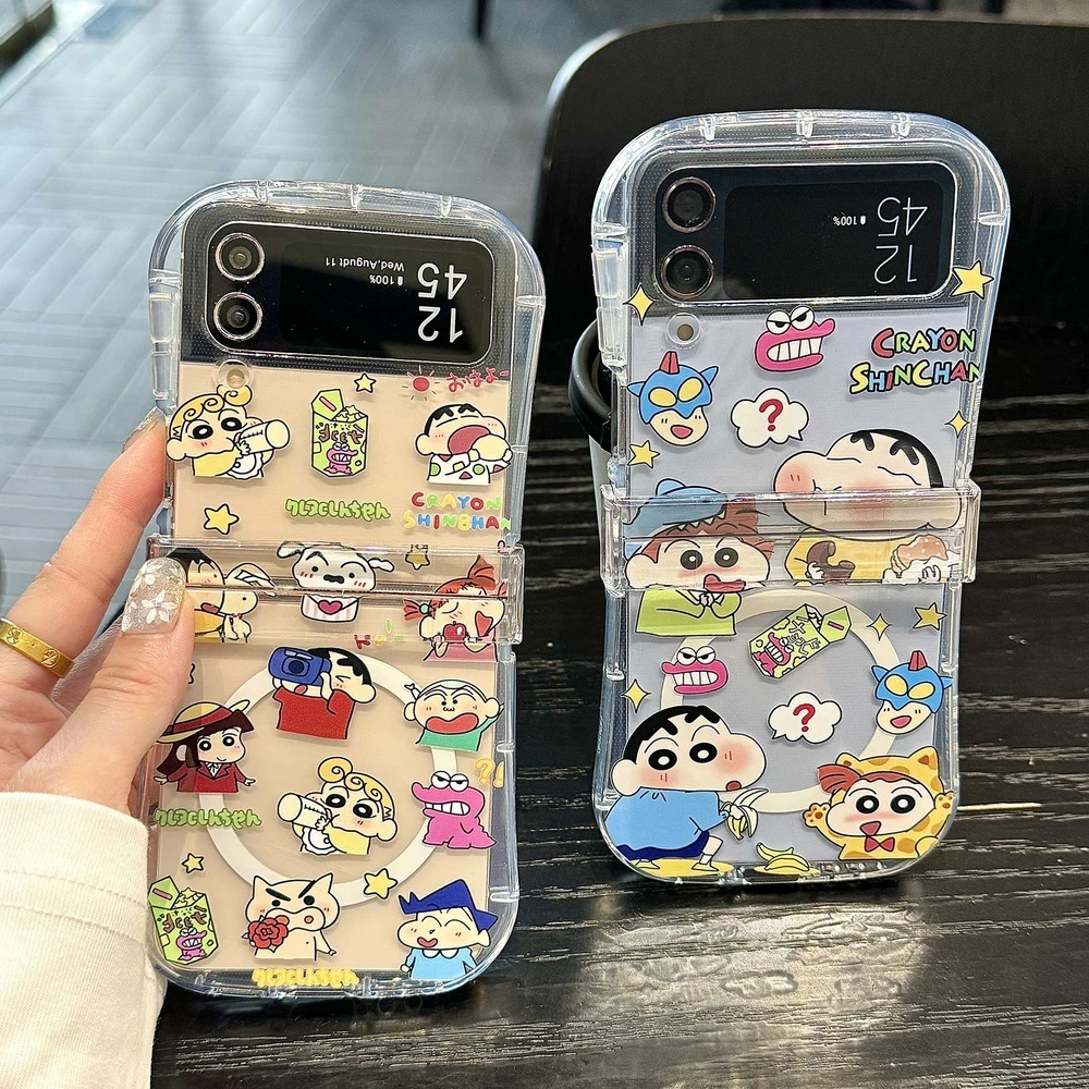 Cute Japan Anime Crayon Shin-chan Magnetic Magsafe Wireless Charge Phone Case For Samsung Galaxy Z Flip 7 6 5 4 3 Hard TPU Cover