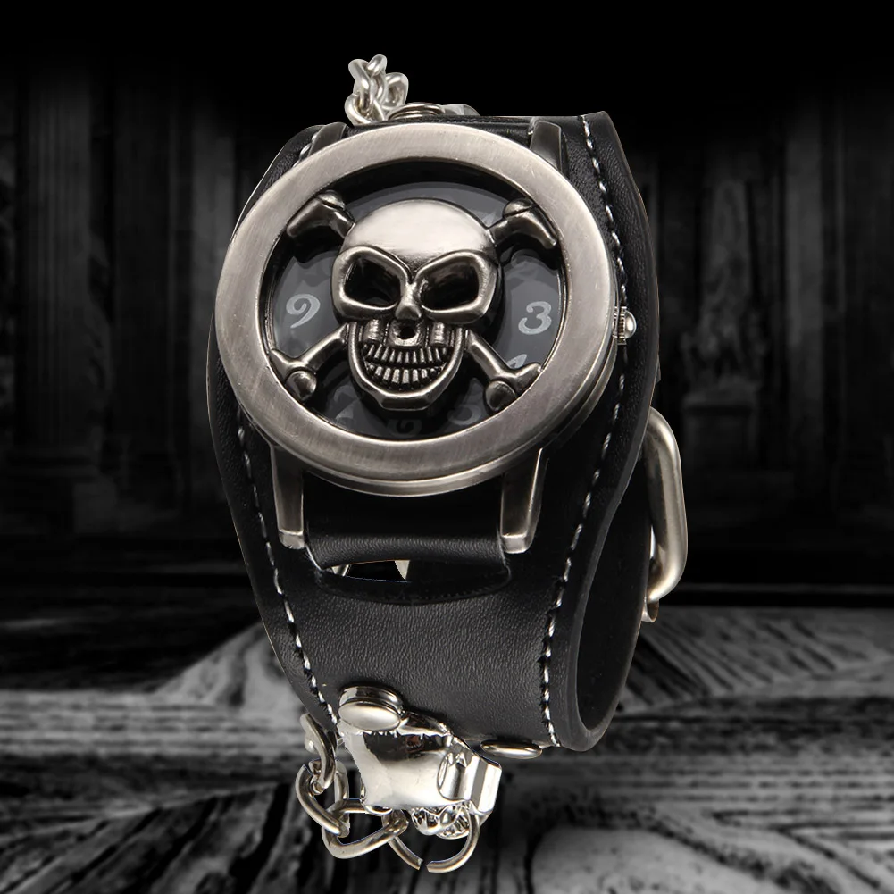 fashion Skull Quartz Watch punk Style Flip Skull Cover belt Chain  transparent glass mirror rist Watch suitable for men gift