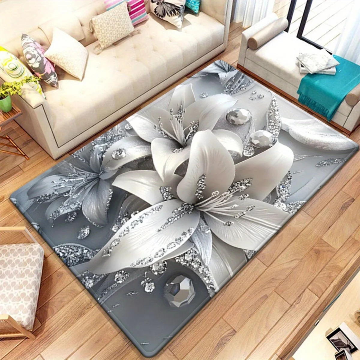 Silver Lily Print Area Rug, Non-Slip Absorbent Washable Floor Mat for Living Room Entryway, Home Party Decor