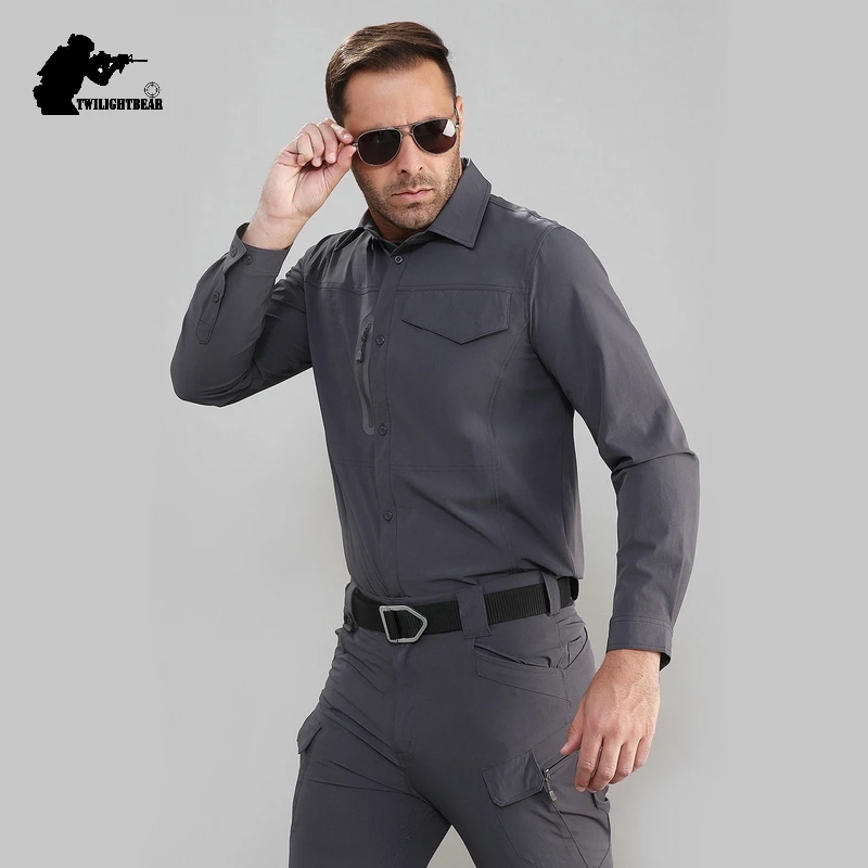 Stretch Men\'s Shirt Multiple Pockets Quick Drying Shirts High Quality Male Elastic Tooling Shirt Men Clothing Casual Shirts AF54