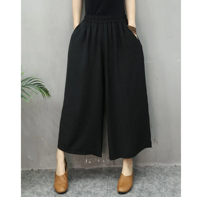 Casual Simplicity Women's Elastic Waist Wide Leg Cropped Pants All-match Fashion Solid Color Trousers Summer Female Clothing