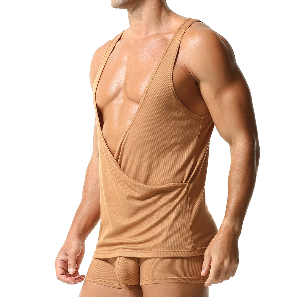 Mens Sleeveless Deep V Neck Loose Casual Summer Homess  Basic Tees and Boxers