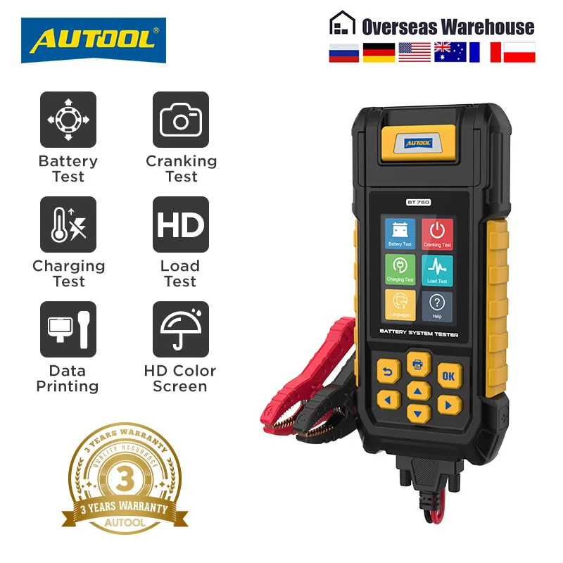 AUTOOL BT760 Battery Tester With Printer Battery Analyzer Tester Automobile Battery Capacity Max Load Cranking Charging Tester