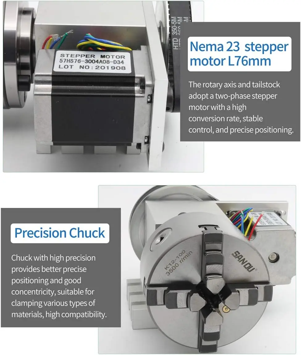 【EU&Brazil Stock】4 Axis Rotation A Axis Extend Rotary 4 Jaw 100mm K12-100 Chuck Nema23 Motor &Tailstock for Wood Metal Milling