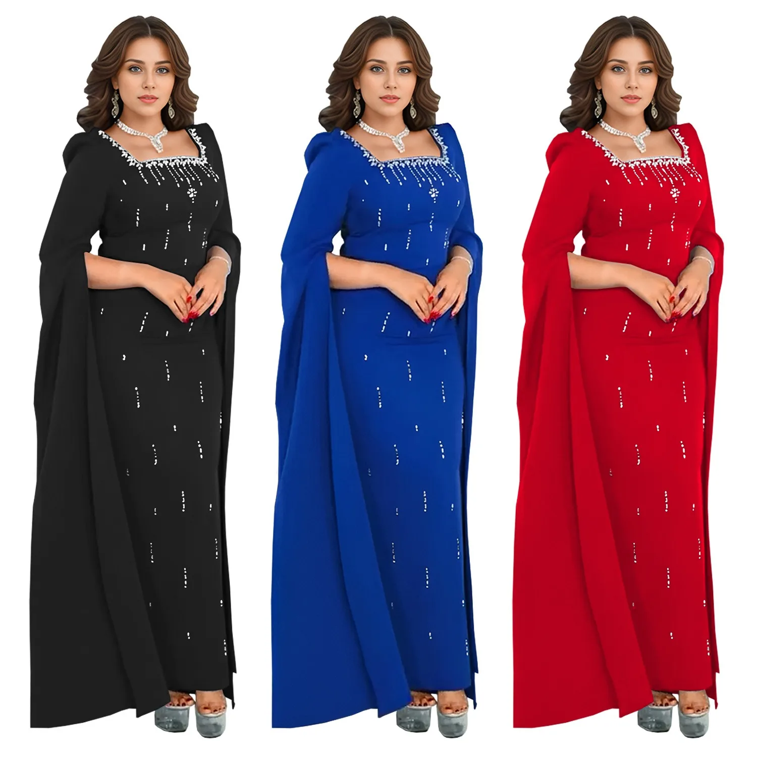 

Sexy Nightclub Party Prom Club Banquet Solid Color Back Split Cape Sleeve Hot Rhinestone Elegant Dresses