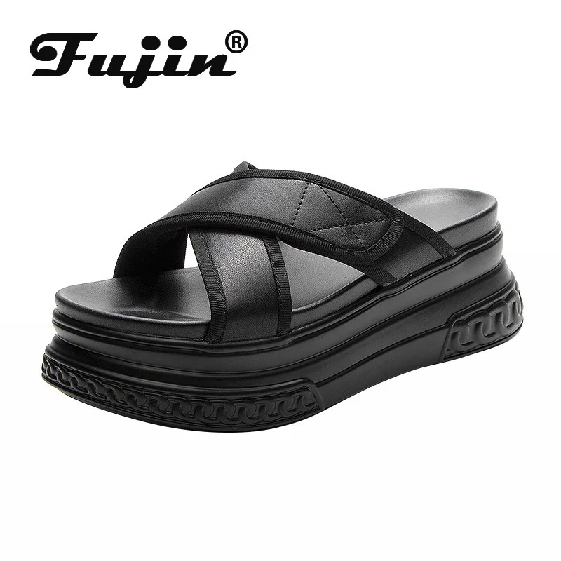 Fujin 7cm oryginalne skórzane buty damskie sandały na platformie sandały na koturnach eleganckie eleganckie damskie letnie buty sandały kapcie 2024