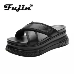 Fujin 7cm oryginalne skórzane buty damskie sandały na platformie sandały na koturnach eleganckie eleganckie damskie letnie buty sandały kapcie 2024