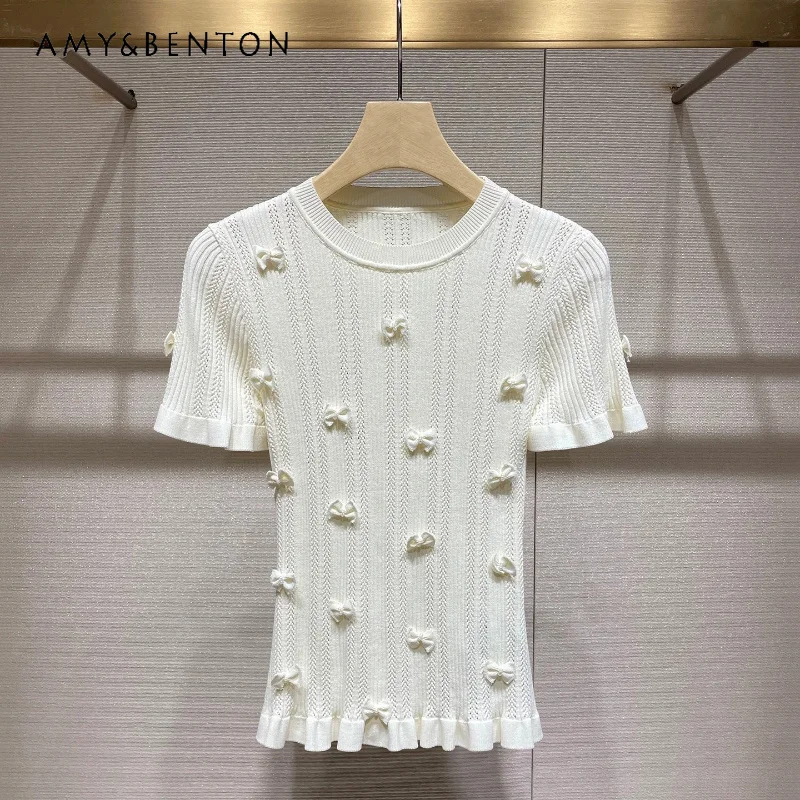 

Heavy Industry Beaded Bow Women's Knitted Sweater 2026 Summer New Temperament Slim Thin Versatile Short-sleeved T-shirt Ladies